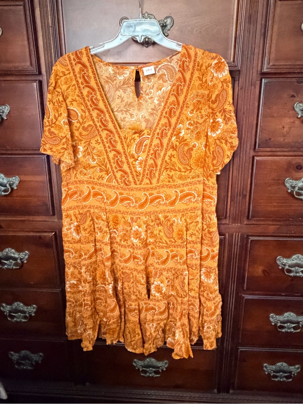 Bila Short Paisley V-Neck Mini Dress in Burnt Orange